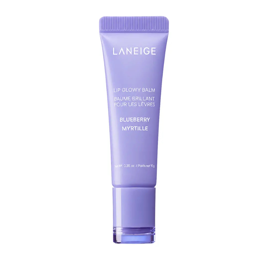 LANEIGE Lip Glowy Balm Blueberry 10g tube showing sheer berry violet gloss texture