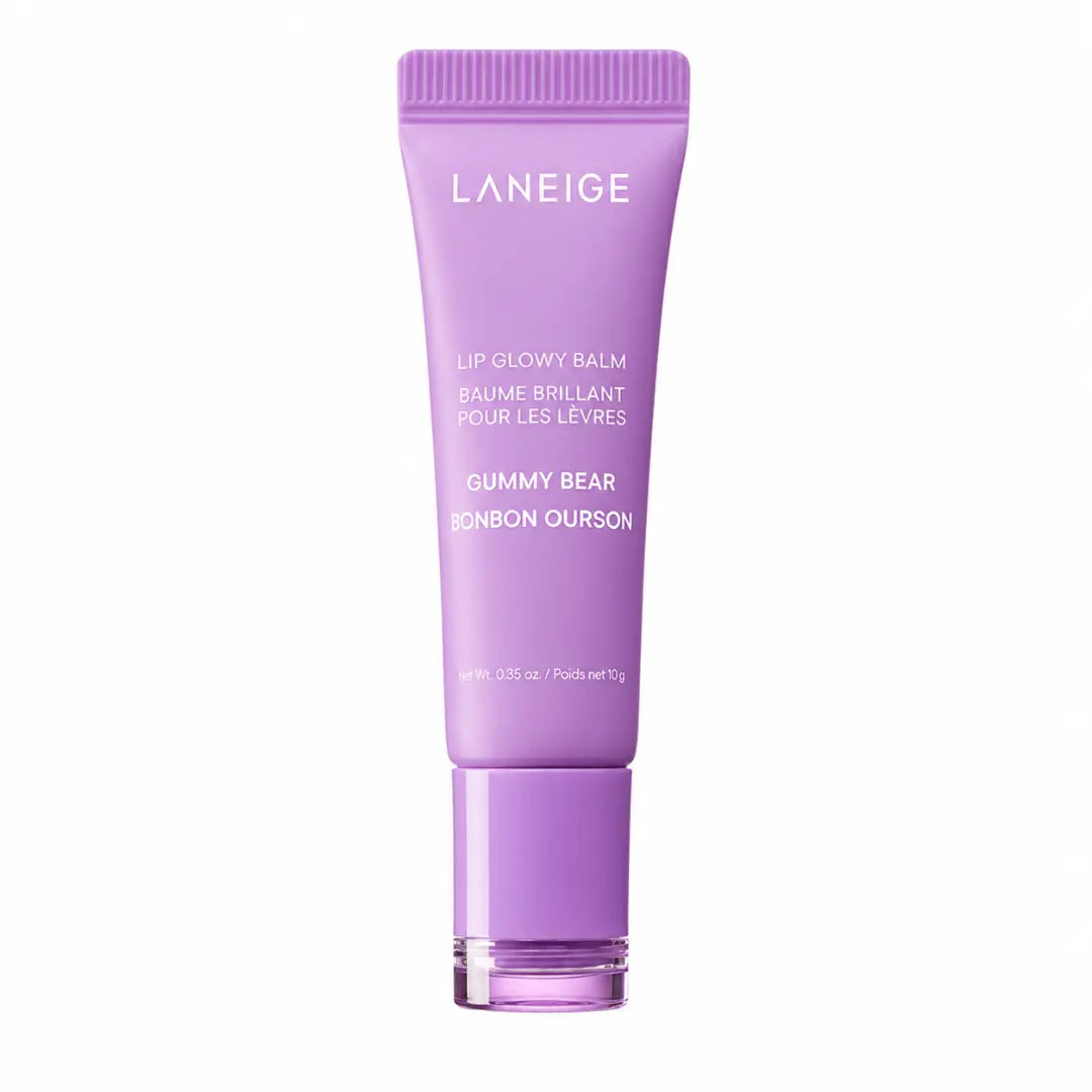 LANEIGE Lip Glowy Balm Gummy Bear 10g tube showing sheer grape violet gloss texture