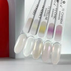 Set of nail color swatches with names on a white background