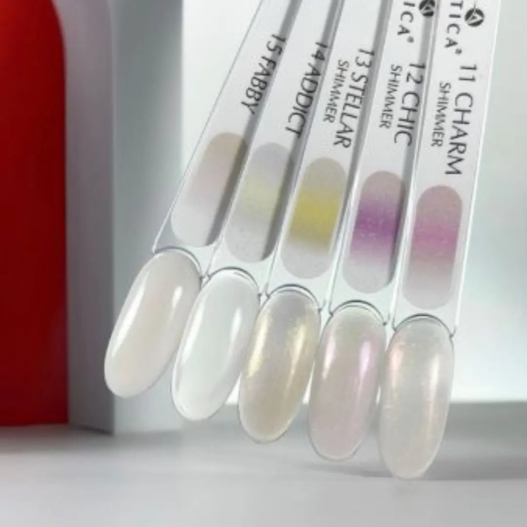 Set of nail color swatches with names on a white background