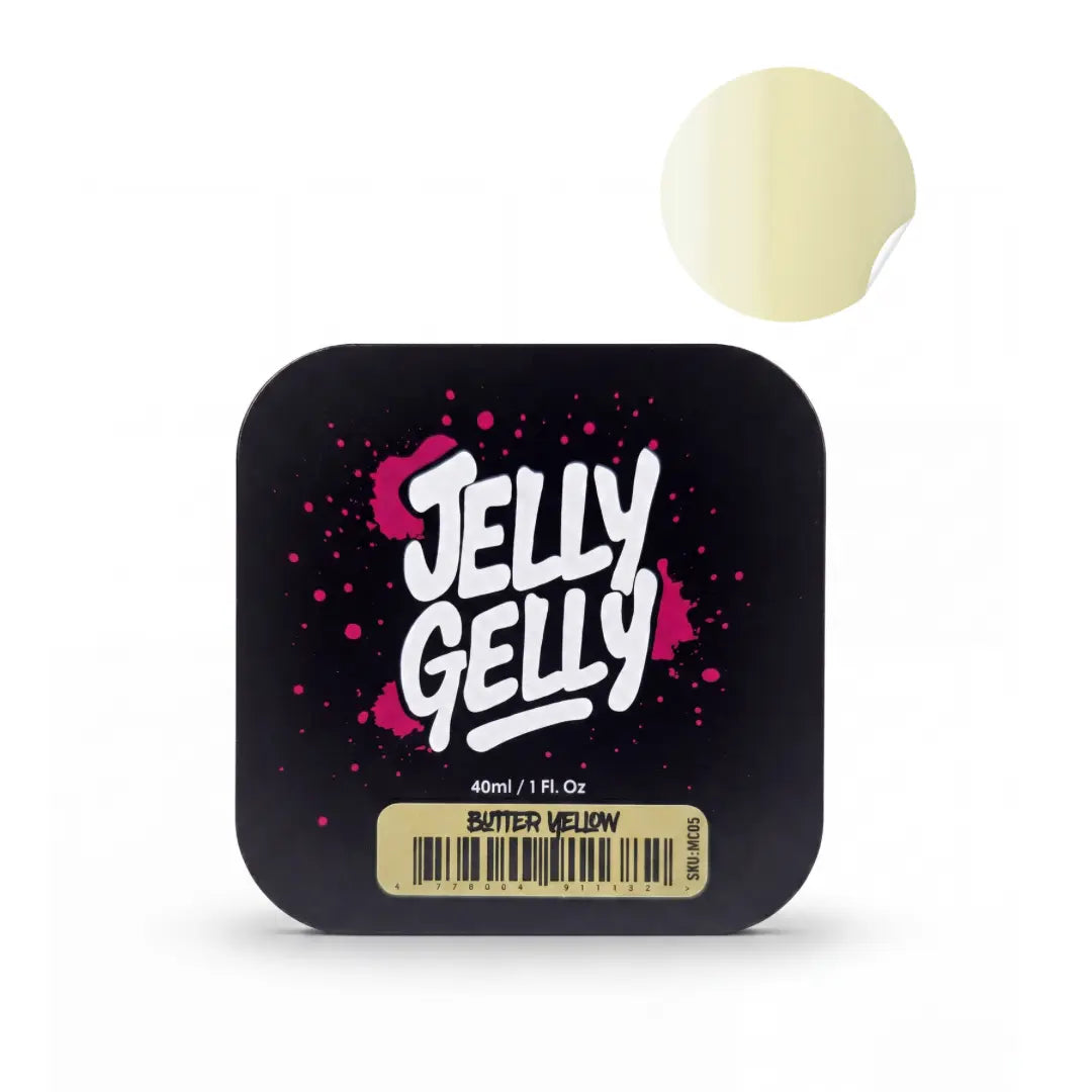Jelly Gelly Macarons Builder Gel Butter Yellow 40ml jar showing pastel soft yellow gel texture