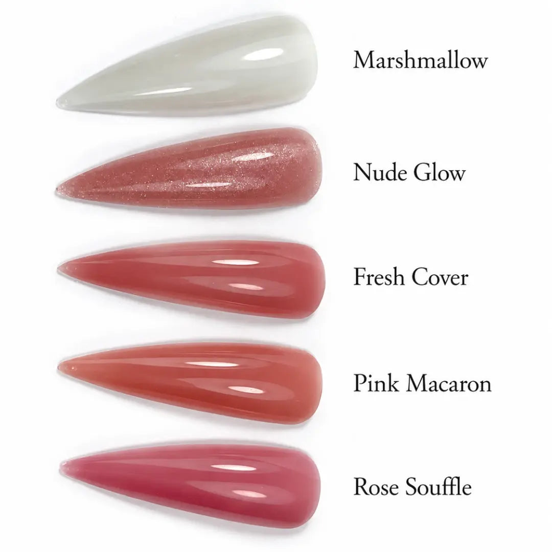 Five stiletto-shaped nail color swatches labeled Marshmallow, Nude Glow, Fresh Cover, Pink Macaron, and Rose Souffle on a white background.