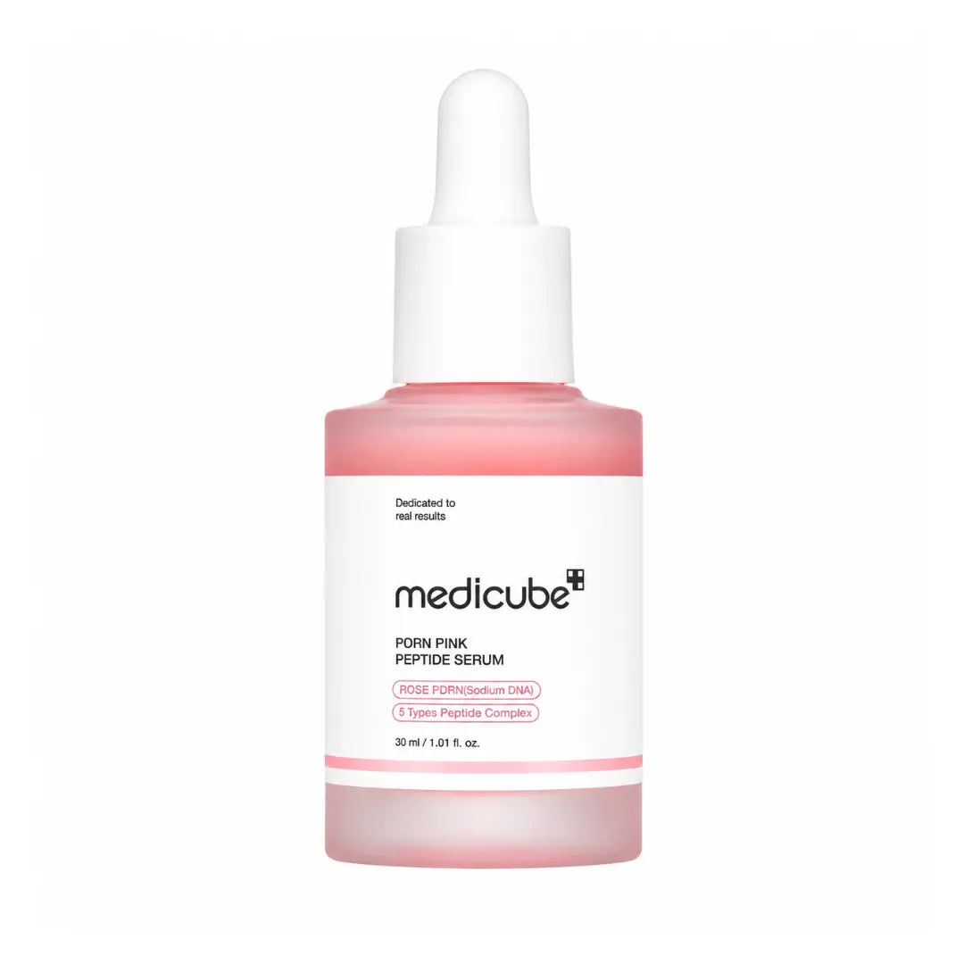 Medicube PDRN Pink Peptide Serum 30ml glass dropper bottle showing natural pink serum texture
