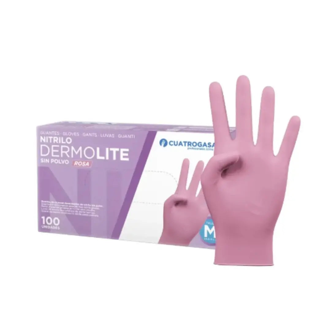 Cuatrogasa Dermolite pink nitrile gloves – S, M, L sizes – box of 100 powder-free gloves