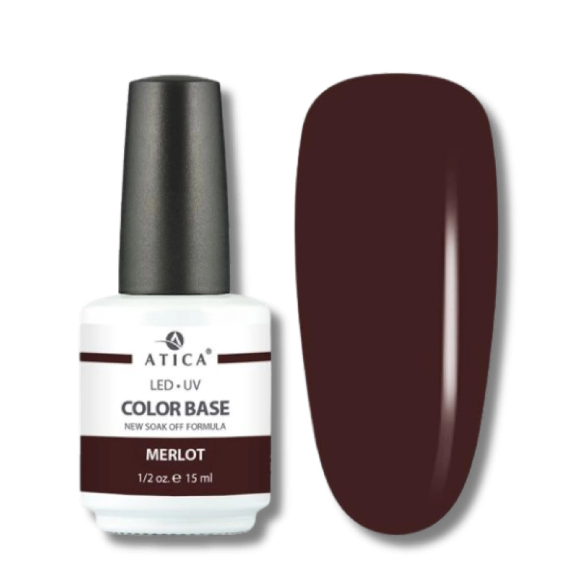 Atica Rubber Base Coat Merlot 15 ml – wine-toned rubber base coat with glossy burgundy finish

