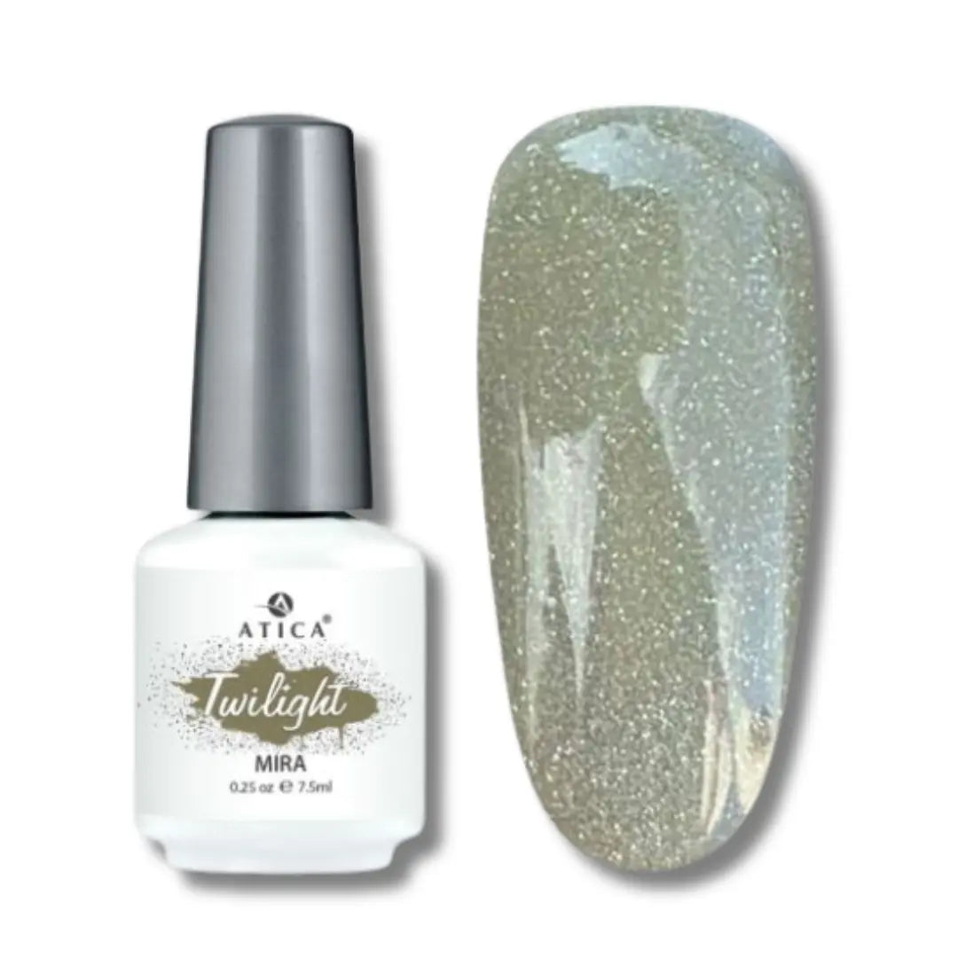 Atica TWILIGHT Gel Polish in Mira – olive green shimmer gel polish bottle, 7.5ml