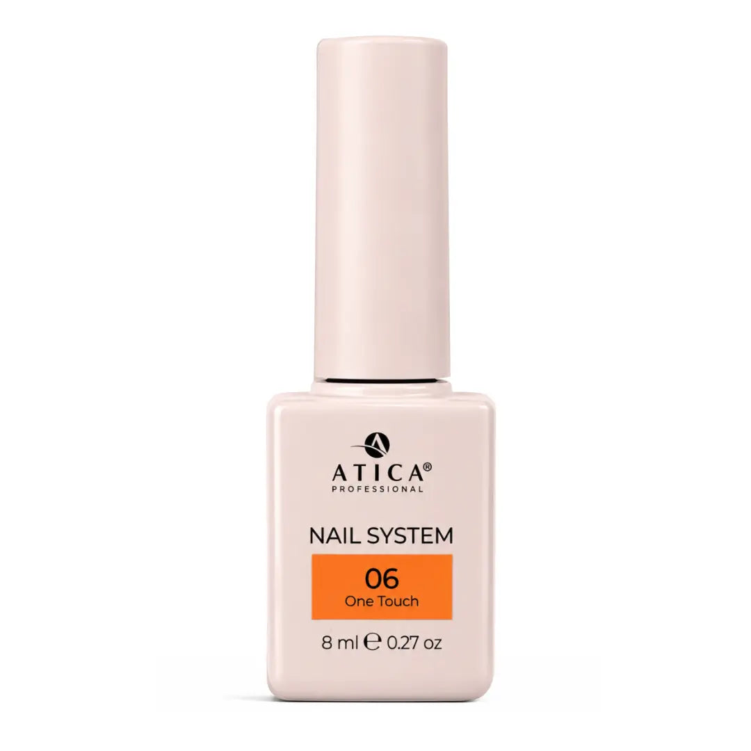 A bottle of Atica Professional Nail System gel polish in shade 06 'One Touch', featuring a pale pink bottle and cap with an orange label accent on a white background.