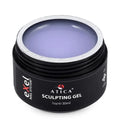 Black container of Atica sculpting gel with purple gel inside on a white background