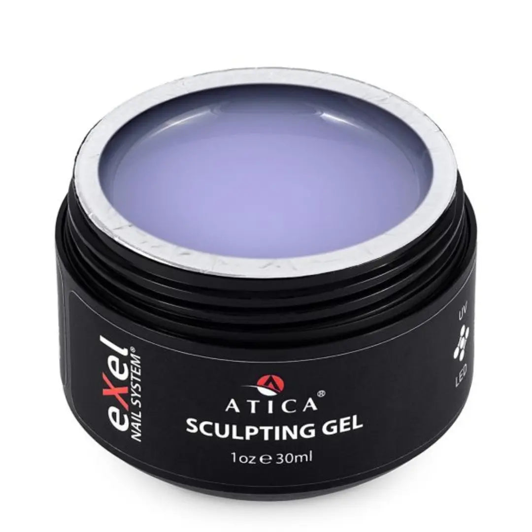 Black container of Atica sculpting gel with purple gel inside on a white background