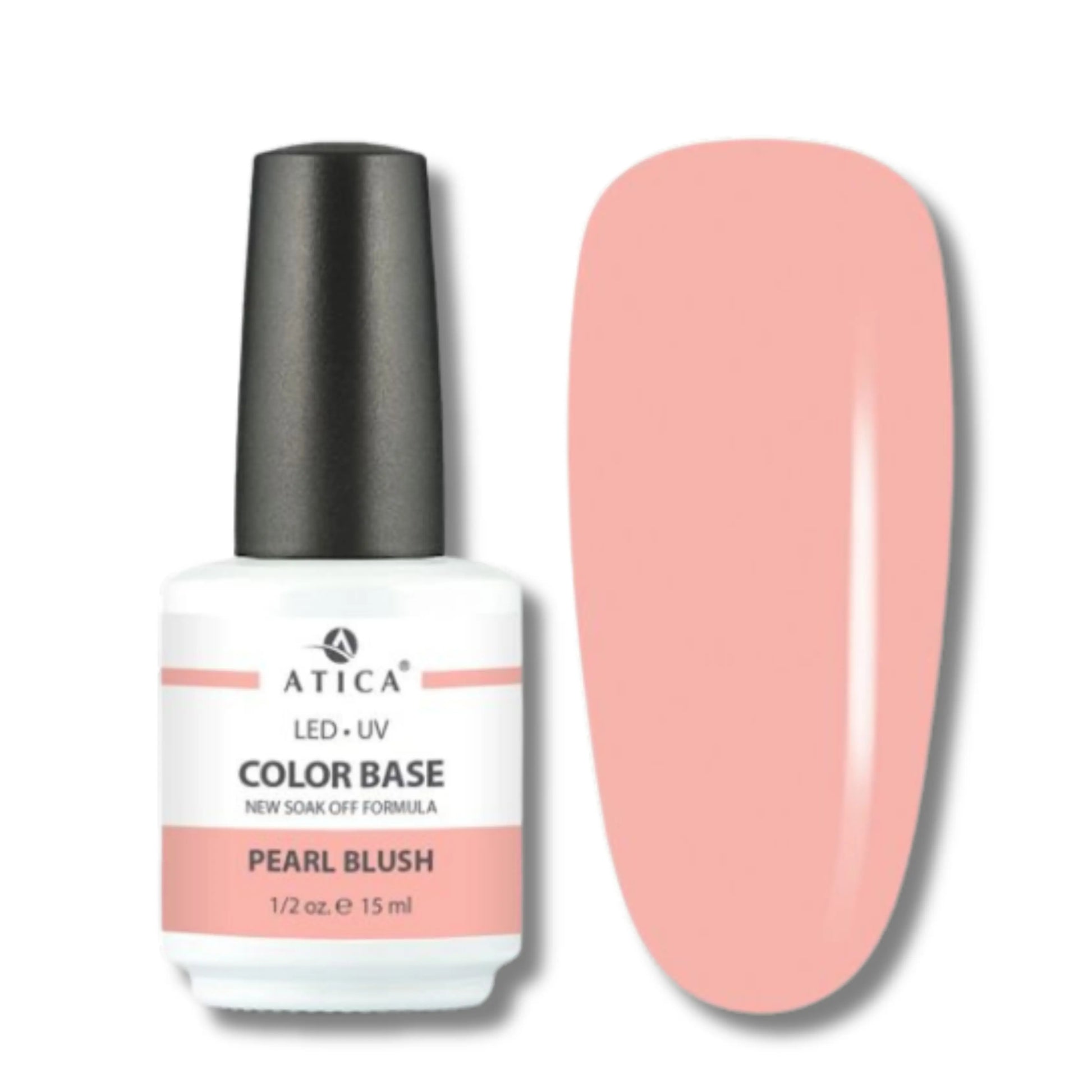 Atica Rubber Base Coat Pearl Blush 15 ml – peachy-pink rubber base coat with a glossy finish