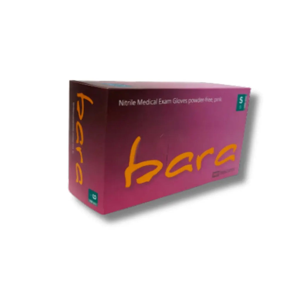 Box of Nitrile Medical Exam Gloves with 'bara' branding on a white background