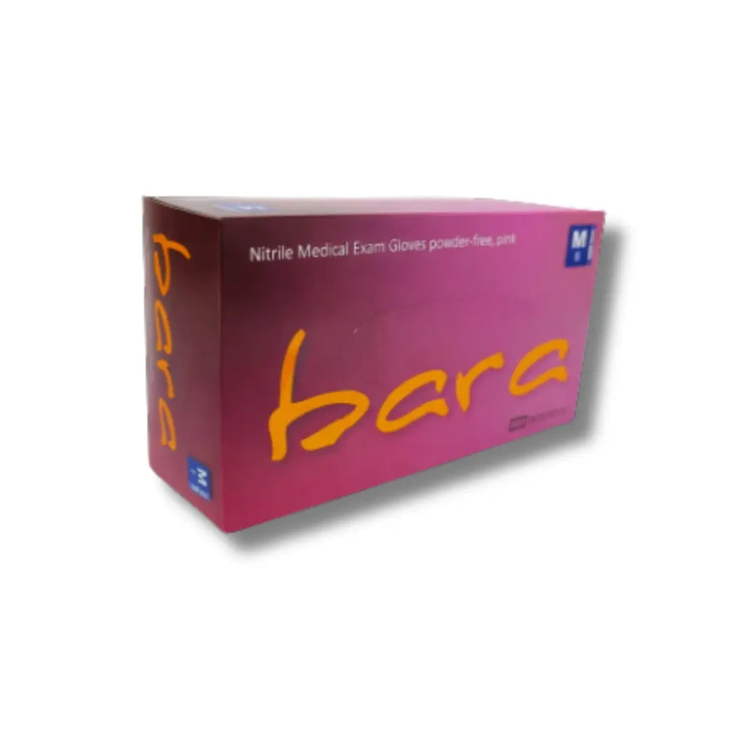 Box of Nitrile Medical Exam Gloves with 'bara' branding on a white background