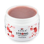 Atica Strong Cover Gel Pink Tint Shimmer – 30ml builder gel with subtle pink shimmer for strong, flexible nails.