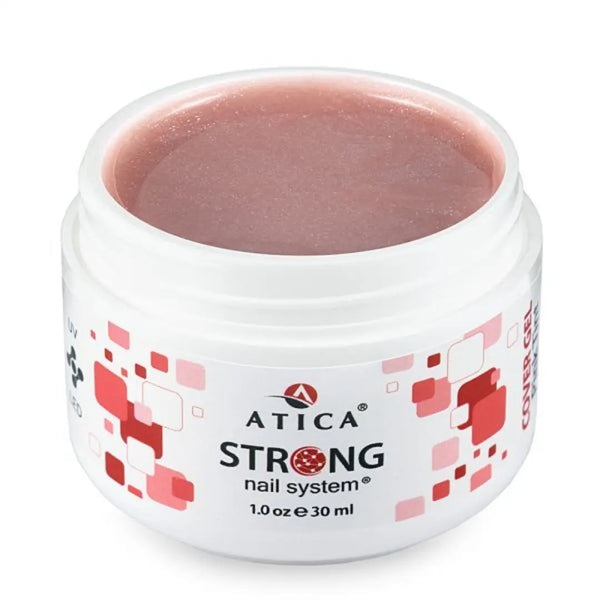 Atica Strong Cover Gel Pink Tint Shimmer – 30ml builder gel with subtle pink shimmer for strong, flexible nails.