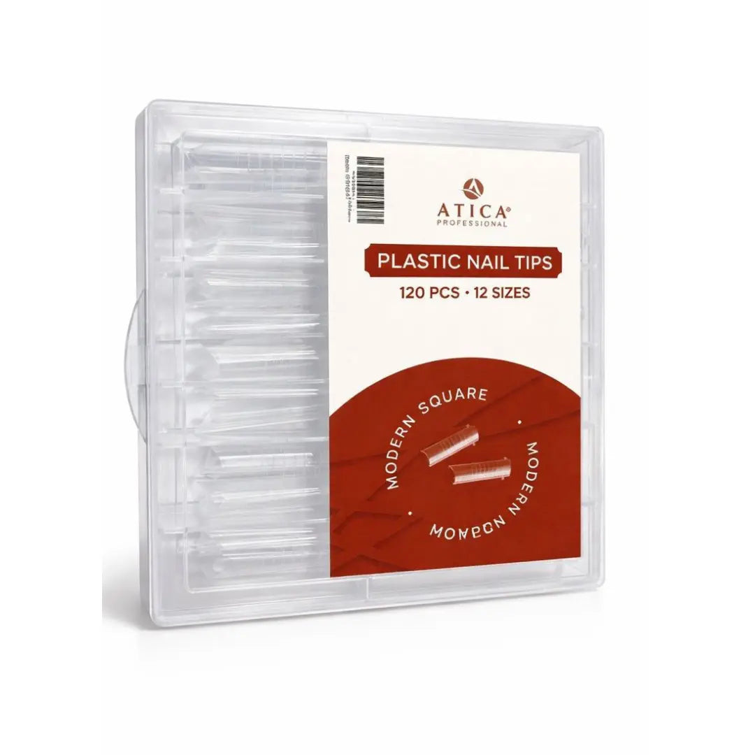 Packaging of Atica Professional plastic nail tips with clear lid showing product inside.