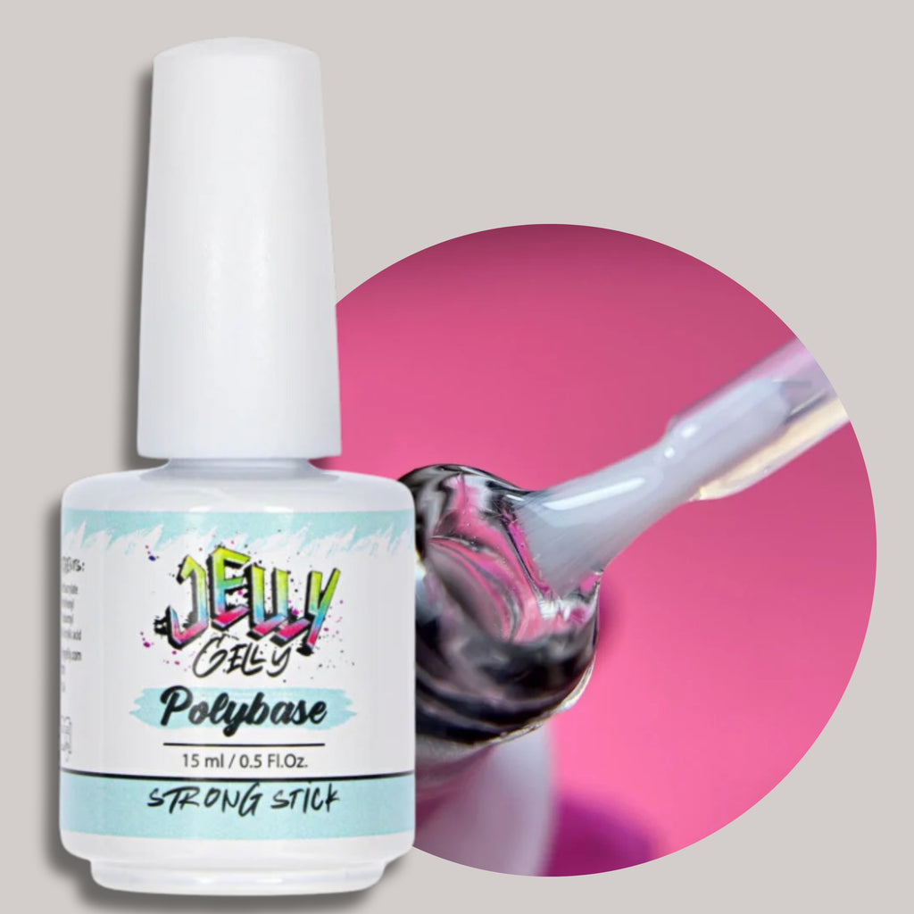 Jelly Gelly Polybase 15ml – rubber base coat for strong adhesion, flexible formula, perfect foundation for gel nails.