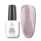 Atica Liquid Polygel Crema 04 15ml – bottle and creamy taupe nail swatch.