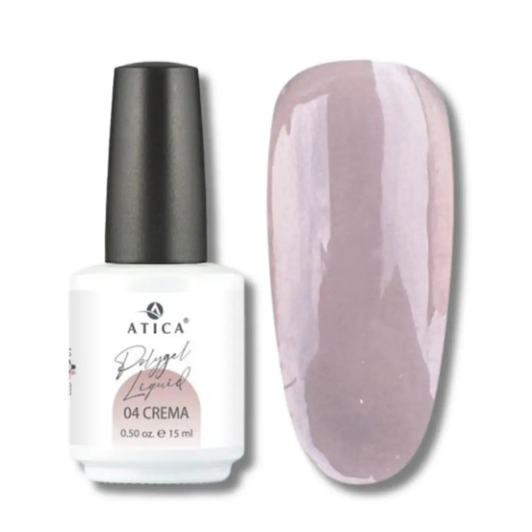 Atica Liquid Polygel Crema 04 15ml – bottle and creamy taupe nail swatch.