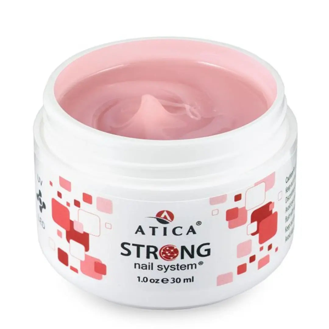 Atica STRONG Cover Gel Primal Beige 30ml – natural beige builder gel in a white jar.

