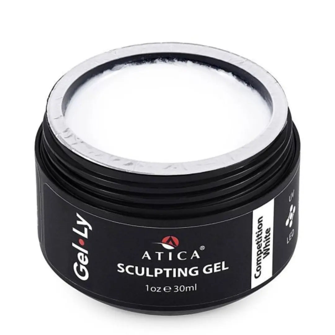 Atica Gel*Ly Sculpting Gel Competition White 30ml – intense white sculpting gel in a black jar.