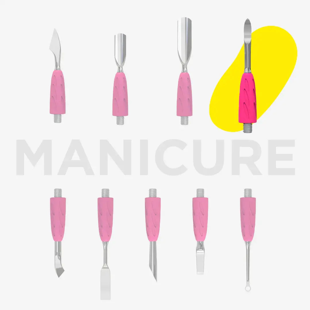 Set of manicure tools with pink handles on a white background, featuring the word 'MANICURE'.