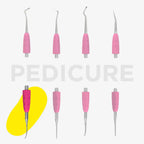 Set of pink pedicure tools with 'Pedicure' text on a white background