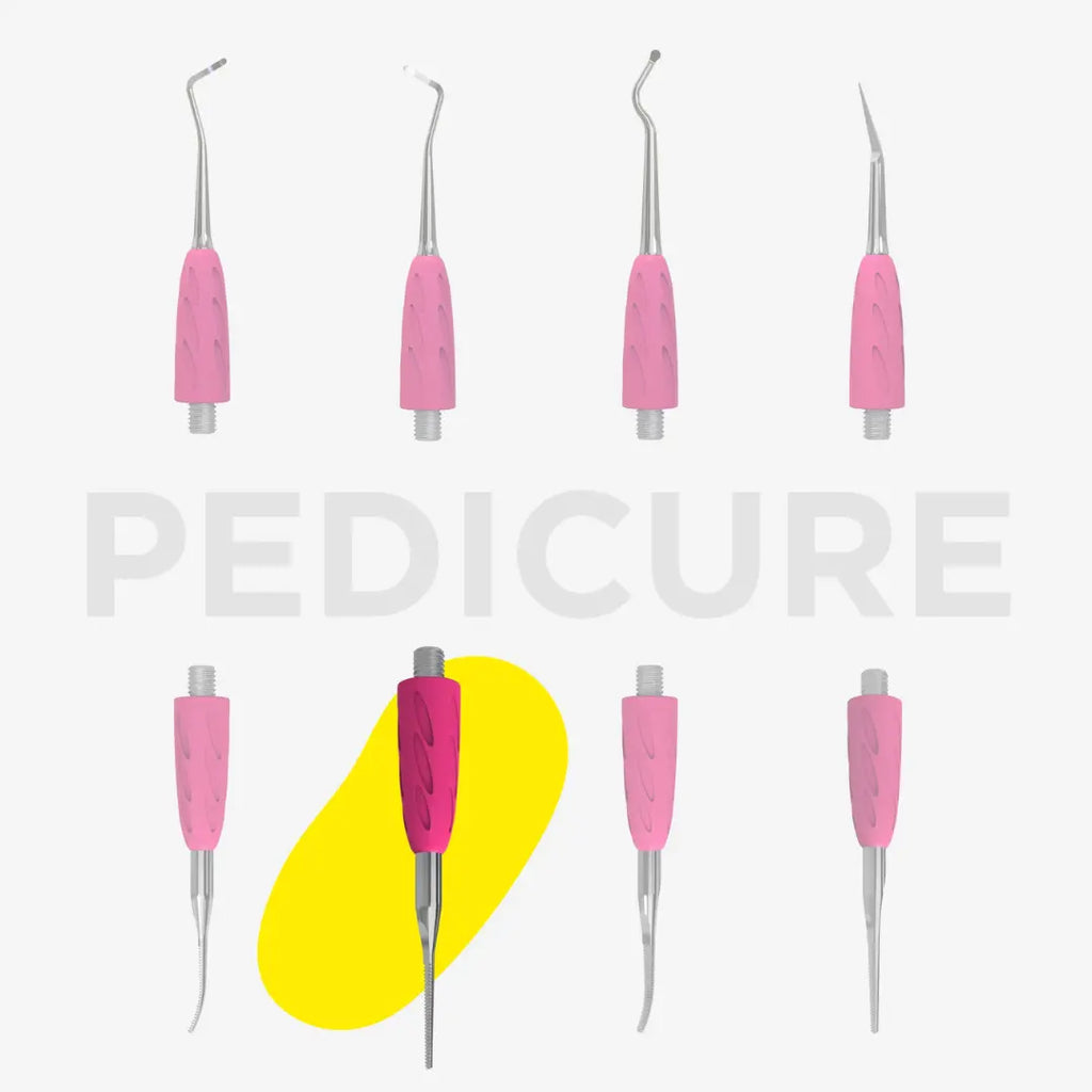 Set of pedicure tools with pink handles on a white background, featuring the word 'PEDICURE'.