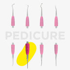 Set of pedicure tools with pink handles on a white background, featuring the word 'PEDICURE'.