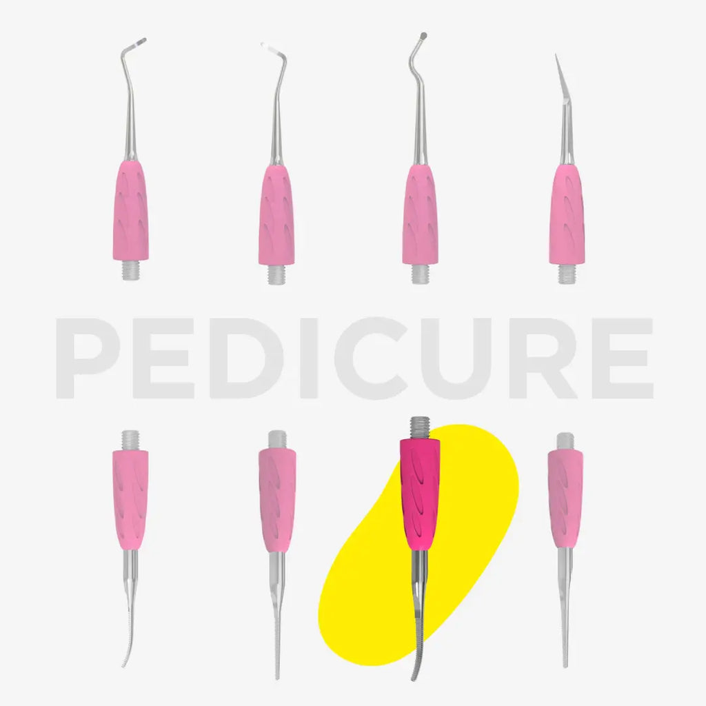 Set of pink pedicure tools with a yellow oval on a white background, featuring the word 'Pedicure'.
