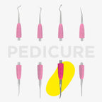 Set of pink pedicure tools with a yellow oval on a white background, featuring the word 'Pedicure'.