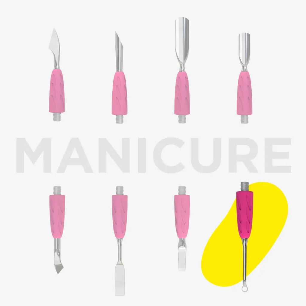 Set of manicure tools with pink handles on a white background, featuring the word 'MANICURE'.