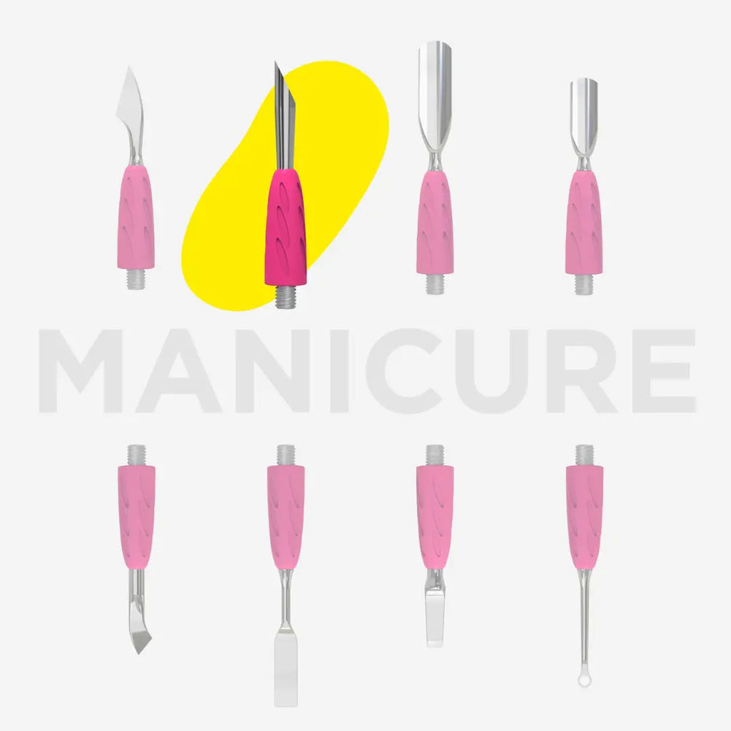 Set of nine tools with pink handles on a gray background