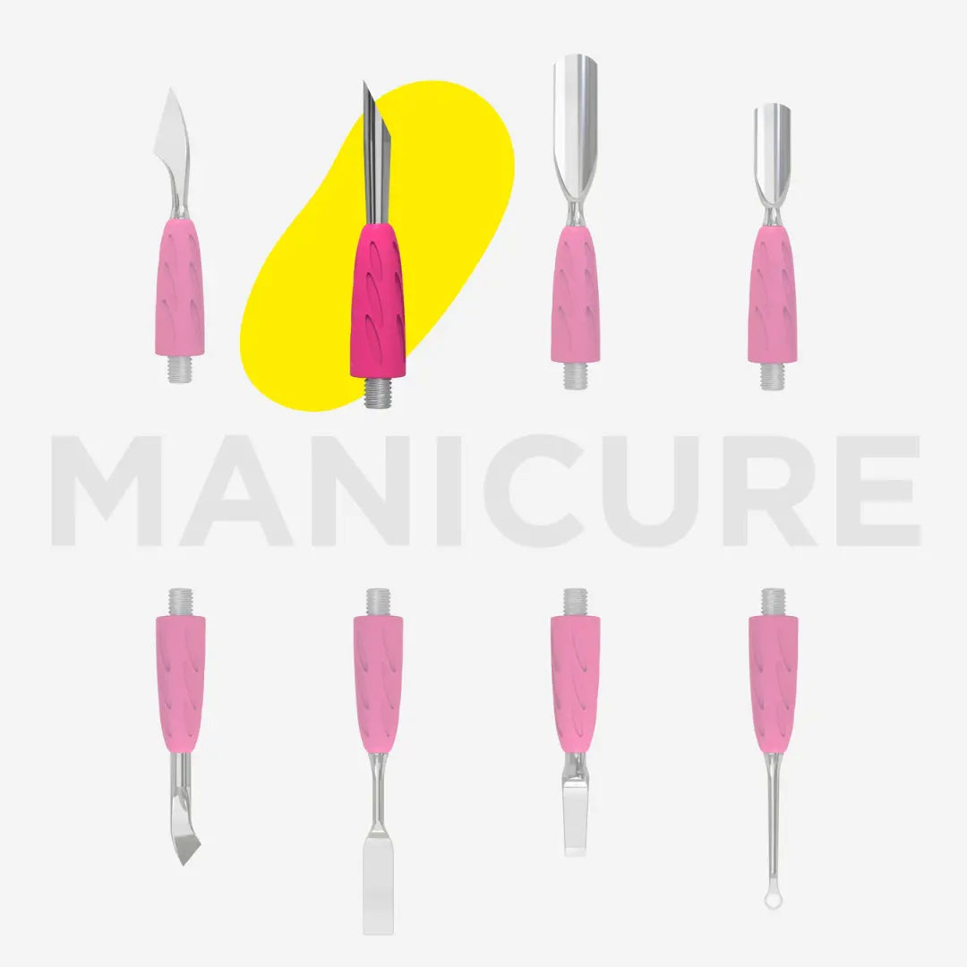 Set of nine tools with pink handles on a gray background