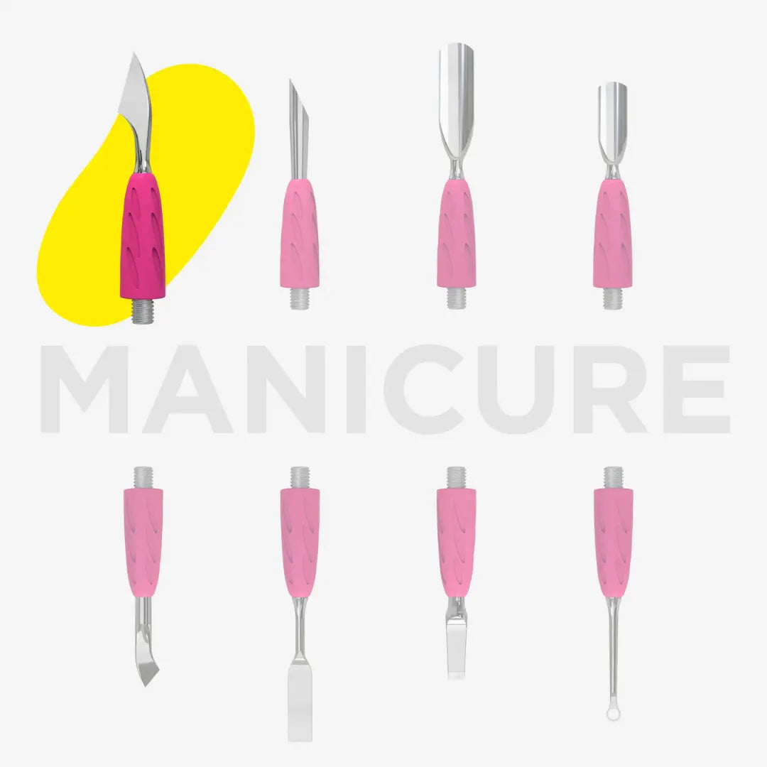 Set of manicure tools with pink handles on a white background, featuring the word 'MANICURE'.
