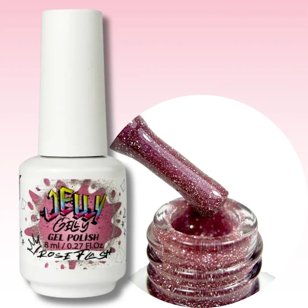 Jelly Gelly Gel Nail Polish in Rose Flash – soft rose pink shimmer gel polish bottle, 8ml

