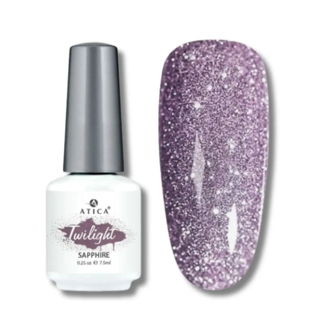 Atica TWILIGHT Gel Polish in Sapphire – lilac glitter gel polish bottle, 7.5ml