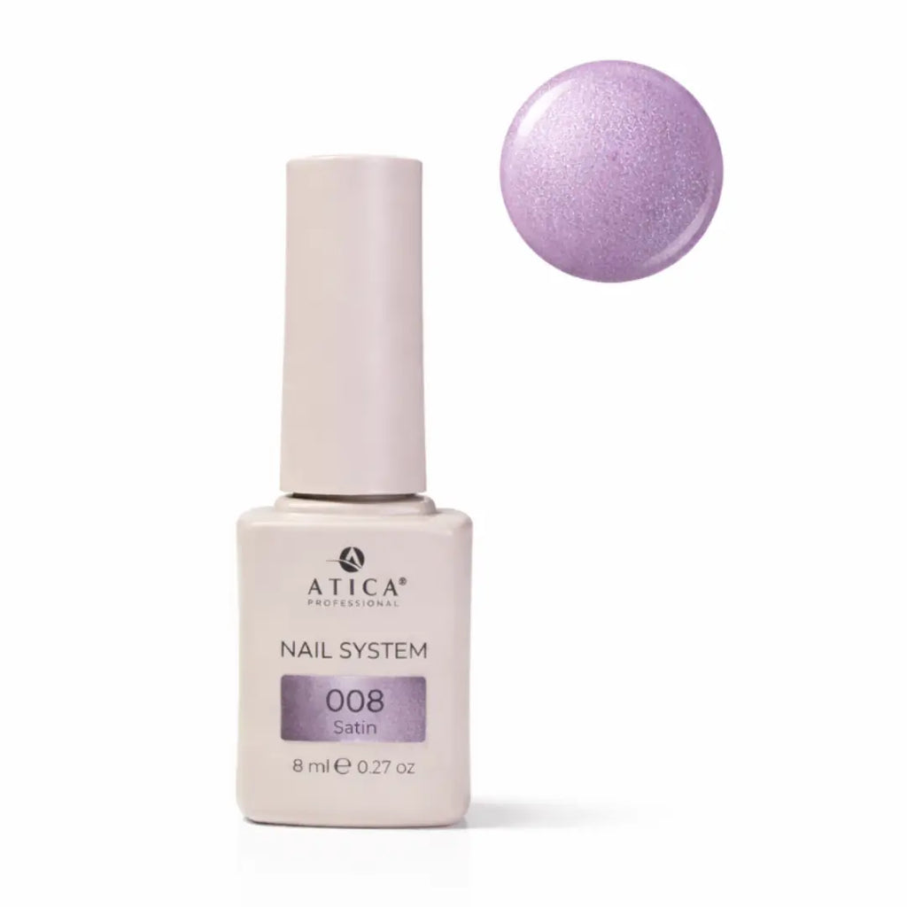 Atica Satin Gel Polish 008 bottle, soft lilac pearl nail color