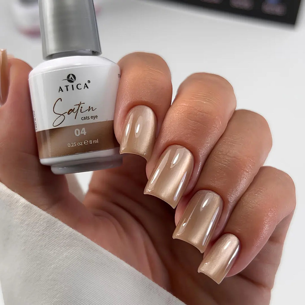 ATICA Satin Cat’s Eye 04 – Caramel Beige Gel Polish with Satin Golden Shimmer