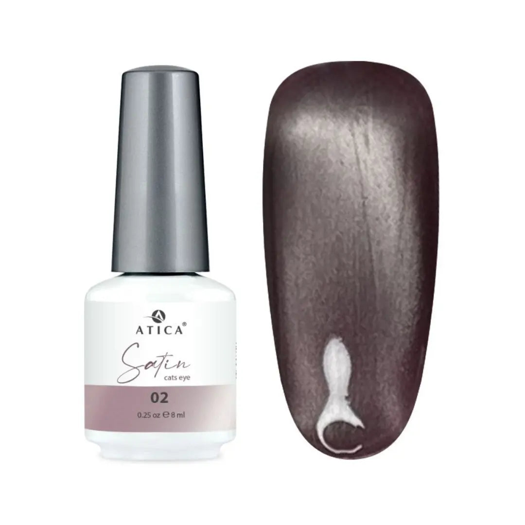 Atica satin nail polish bottle with a swatch of dark brown color on a white background
