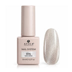 A bottle of Atica Professional Satin White gel nail polish next to a glossy oval nail tip swatch showing the glittery silver-white finish.