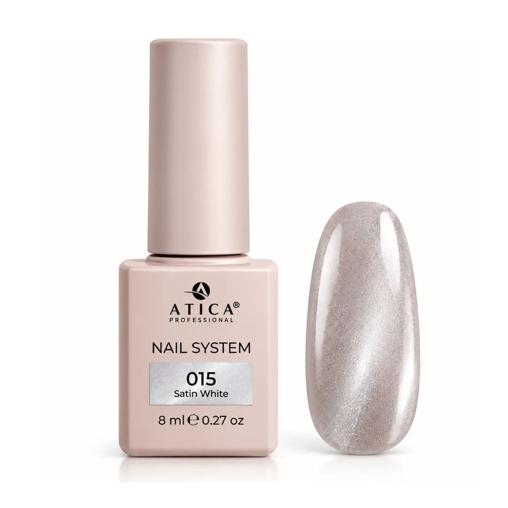 A bottle of ATICA Professional nail system polish in shade 015 Satin White, shown next to a glossy oval nail swatch displaying the shimmering silver-white finish.