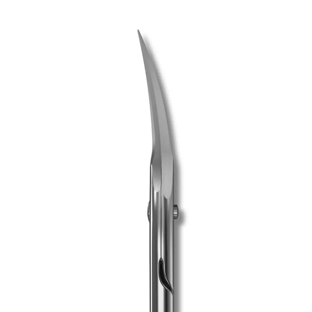 Narrowed sharp scissors blades macro view, satin stainless steel finish