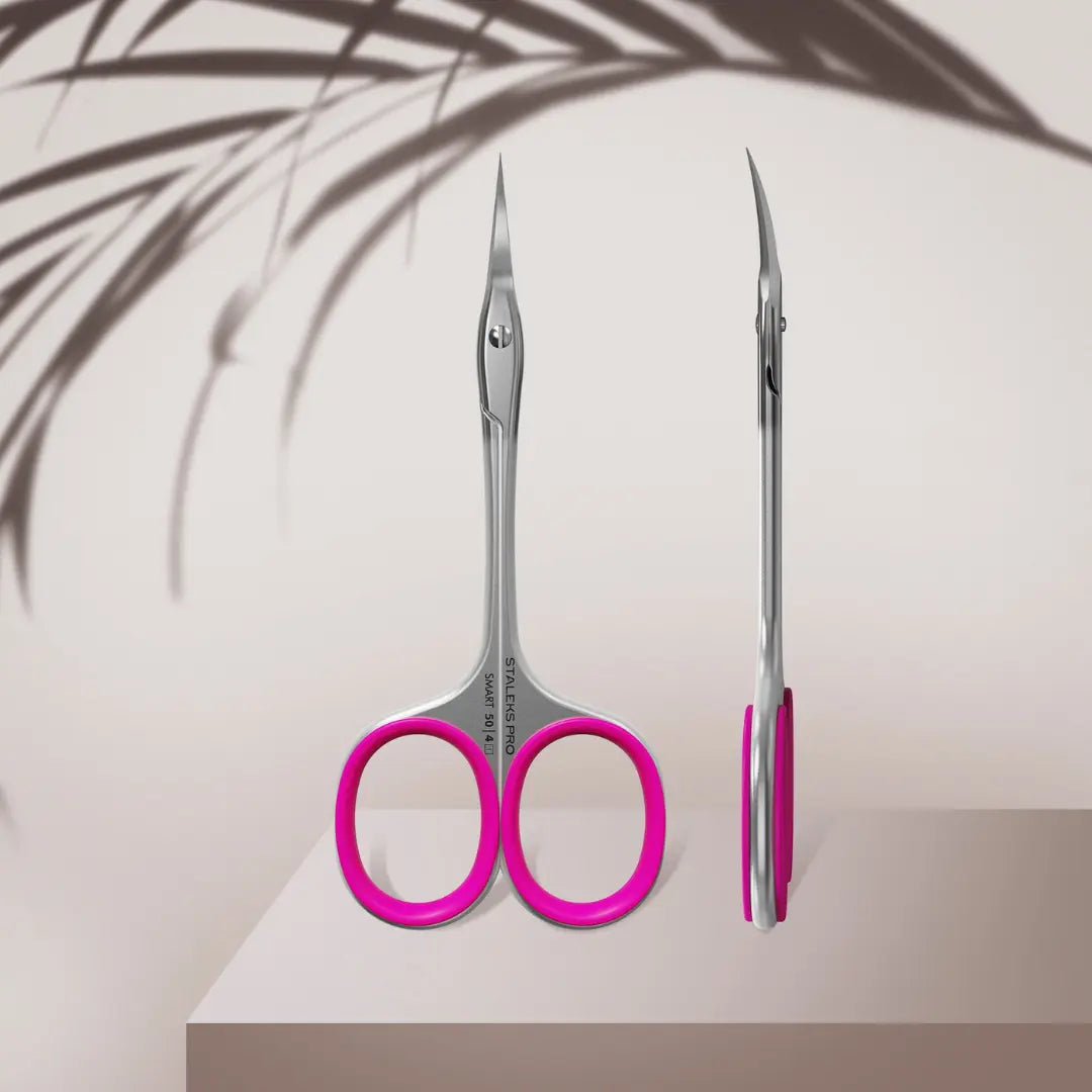 Staleks Smart 50 Type 4 cuticle scissors with pink rings, elongated professional tool