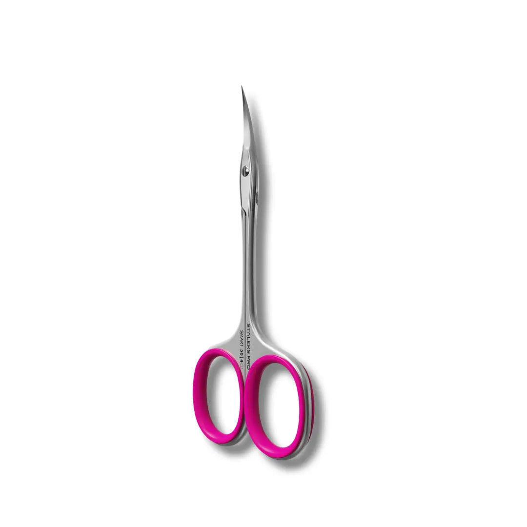 Staleks Smart 50 Type 4 cuticle scissors with pink rings, elongated professional tool