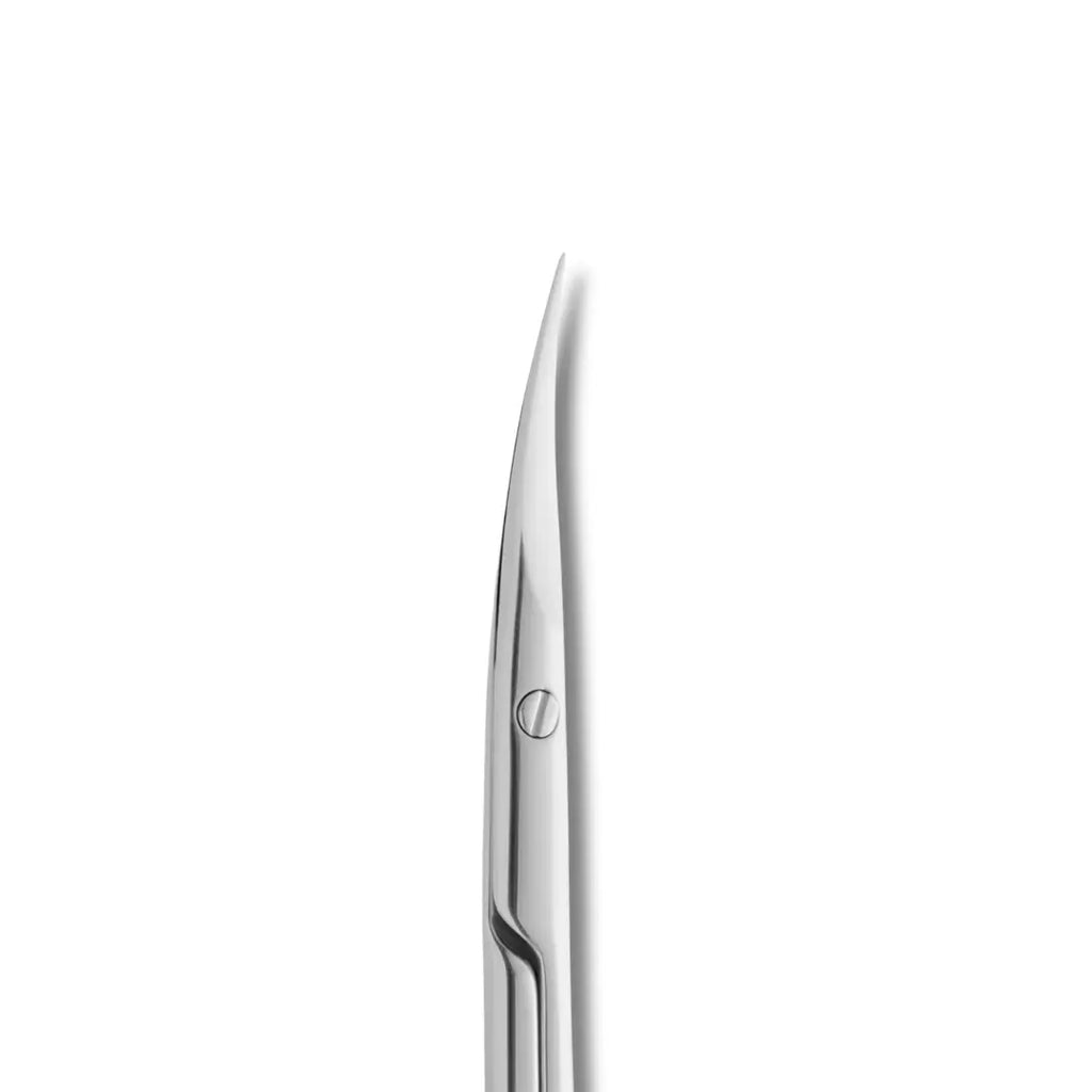 Polished scissor blades and elongated handle closeup