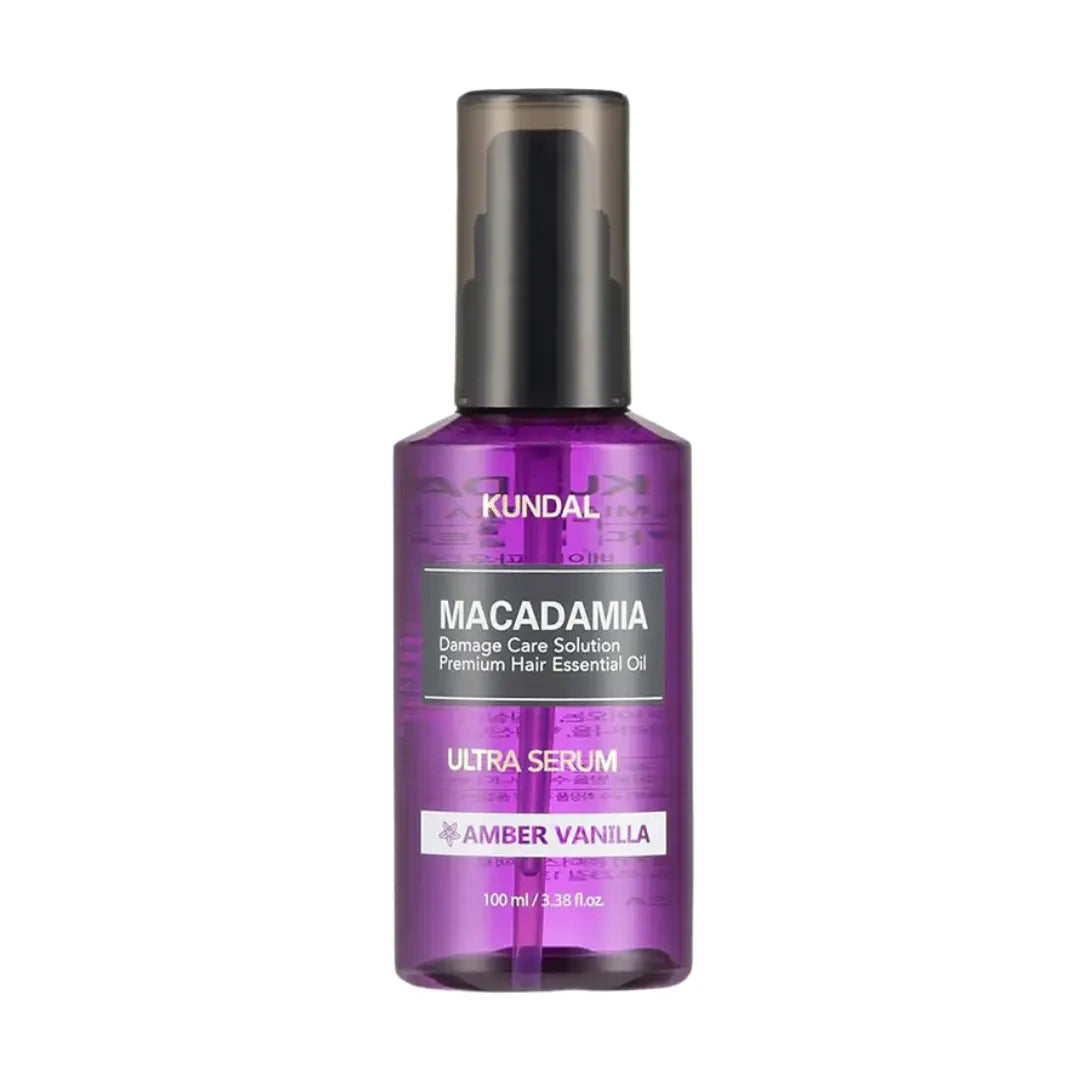 Kundal Macadamia Hair Serum Amber Vanilla 100ml pump bottle showing lightweight moisturizing hair treatment