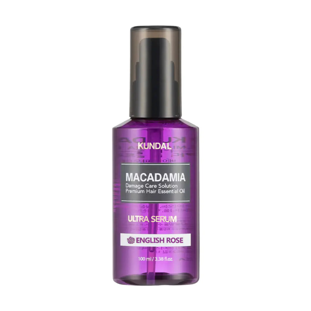 Kundal Macadamia Hair Serum English Rose 100ml pump bottle showing lightweight nourishing hair treatment