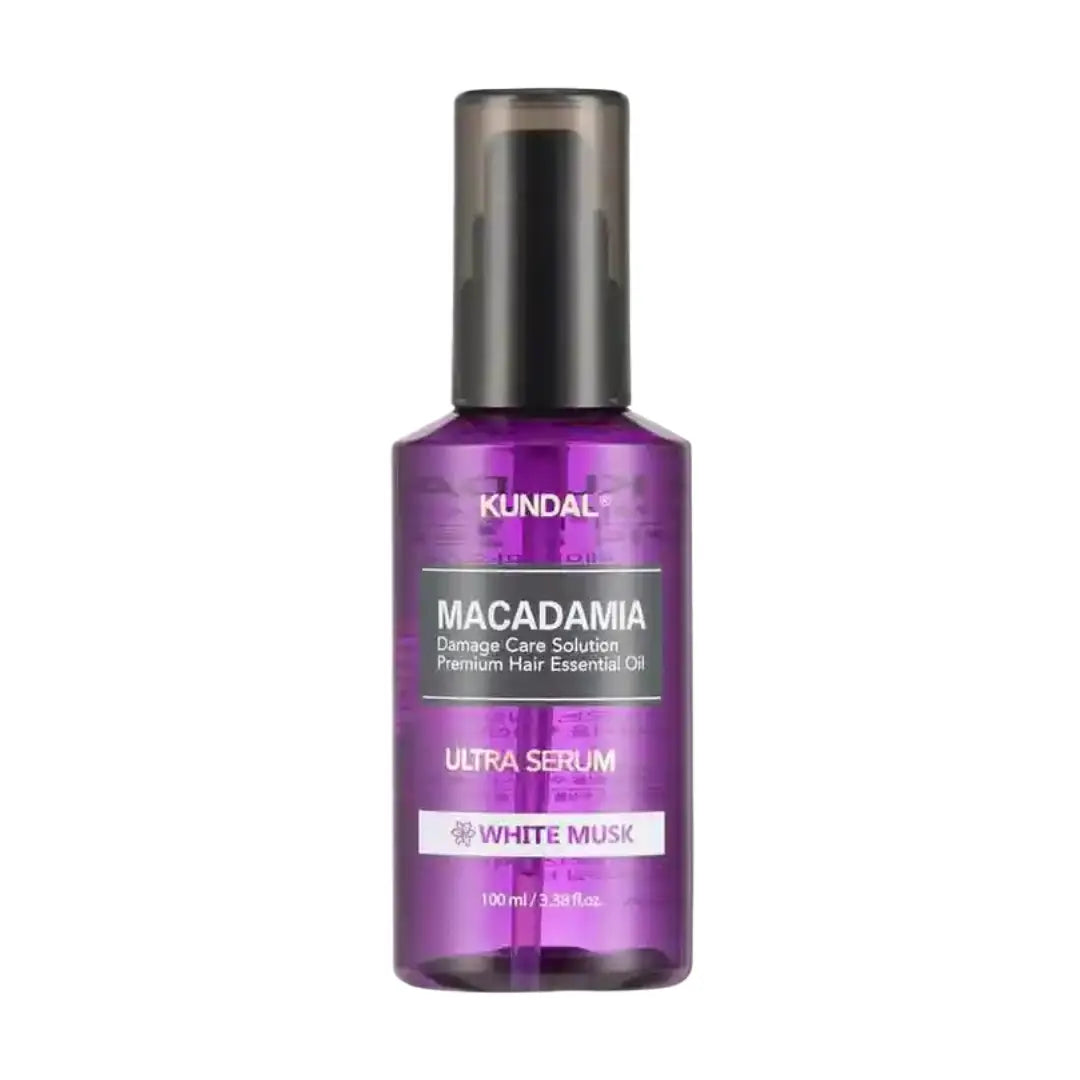 Kundal Macadamia Hair Serum White Musk 100ml pump bottle showing lightweight nourishing hair treatment