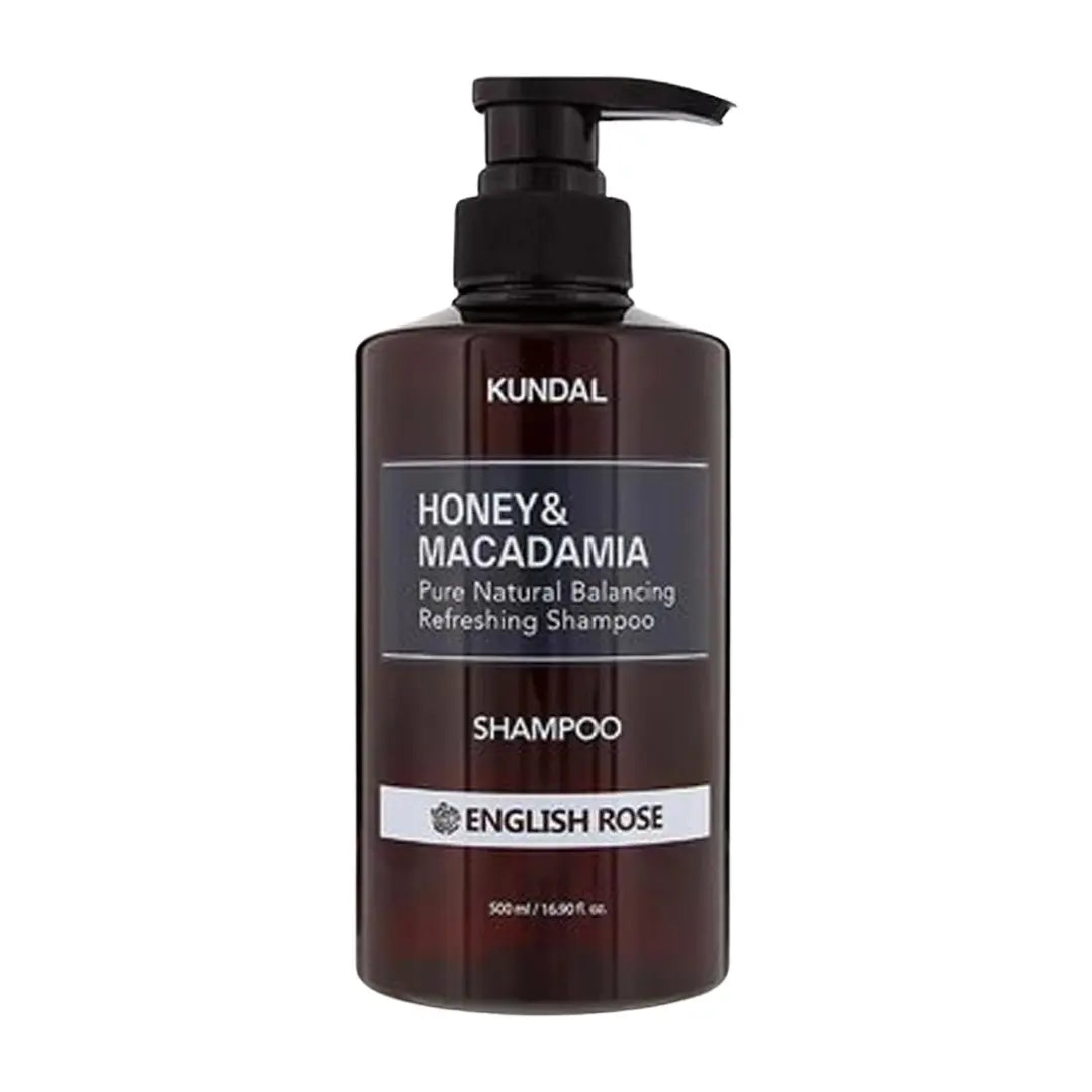 Kundal Honey and Macadamia Nature Shampoo English Rose 500ml pump bottle showing professional moisturizing hair wash