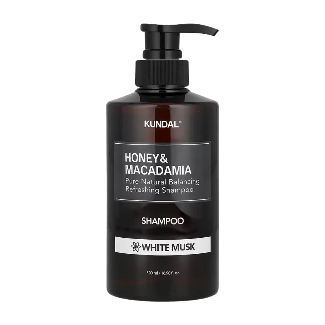 Kundal Honey and Macadamia Nature Shampoo White Musk 500ml pump bottle showing professional moisturizing hair wash